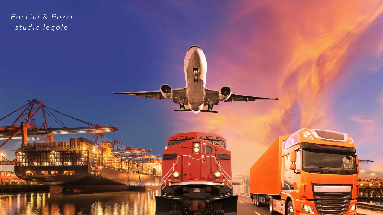 Fotomontaggio di un aereo, un treno, un autotreno e una nave container